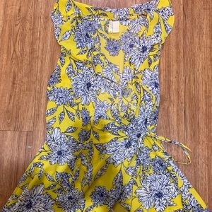Blue and yellow flouncy wrap blouse